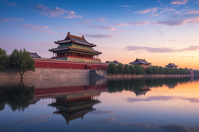 护城河倒影蓝天晚霞风景如画城市摄影建筑摄影,高清,摄影图,摄影图片,图片大全,摄影图免费下载